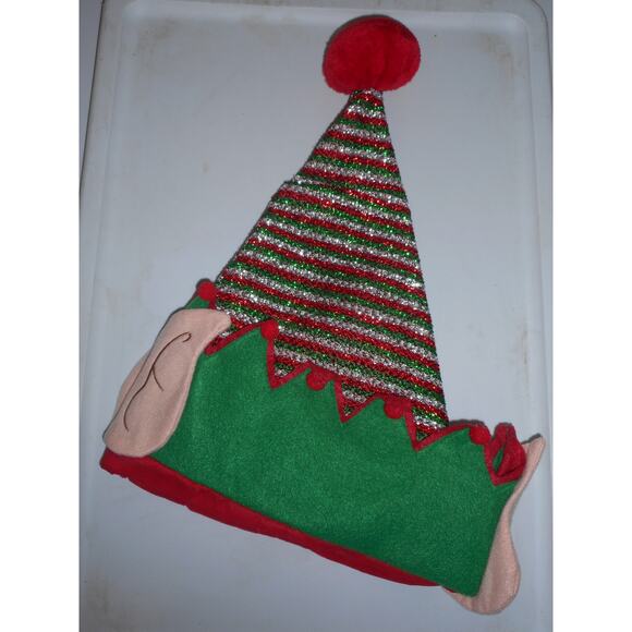 Christmas Elf Hat Green Sliver Red Tinsel Stipes with Ears 17" by Merry Brite - Picture 2 of 2